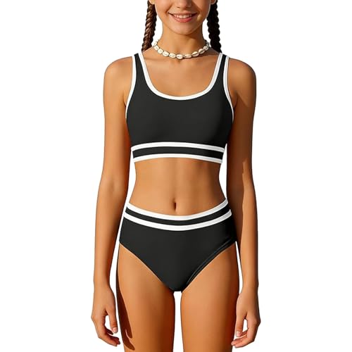 ADUDVLO Bikini Mädchen mit verstellbaren Trägern 2-teiliges Bikini Teenager Mädchen Badeanzug für Mädchen 7–18 Jahre (DE/NL/SE/PL, Alter, 11 Jahre, 12 Jahre, Regular, Schwarz)