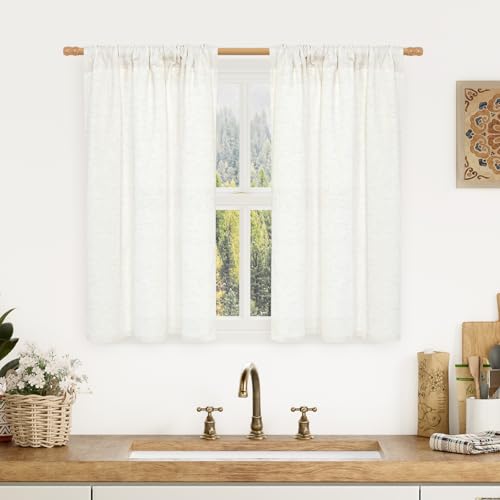 Image of LAMIT Short Linen Curtains 40 Inch Length for Kitchen 2 Panels, Natural