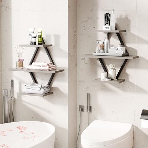 Image of Floating Wall Shelves, Set of 2, Gray | 3-Tier Hanging, Wall Mounted, Sturdy & Durable, For Bathroom, Living Room, Bedroom, Kitchen, Office