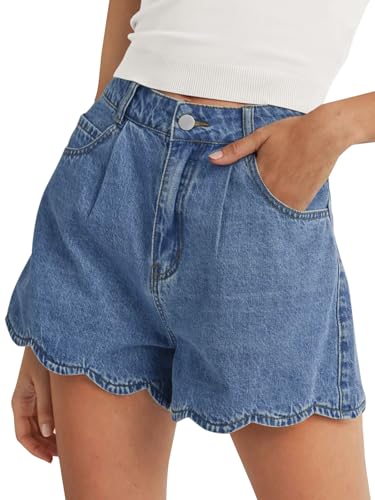 Tankaneo Womens High Waist Jean Shorts Summer Casual Scalloped Hem