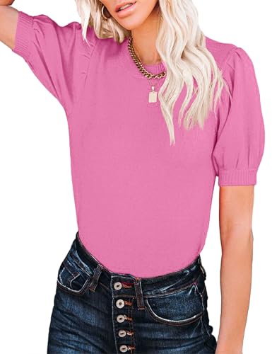 Image of Womens Puff Short Sleeve Sweater Tops Crewneck Basic Knit Pullover Lightweight Casual Sweaters