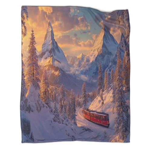 Neve Coperta Da Campeggio Esterna Stampata Calda,morbida E Traspirante Montagne di Zermatt incappucciate- A Red Train Copriletto Per Camera Da Letto Quattro Cervoioni 50x60inch(127x152cm)