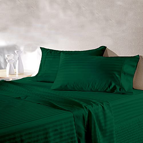 Image of Bedsheet (1 Flat Sheet Only,Moss Stripe , Short King) 100% Egyptian Cotton Luxurious 600 Thread Count,Green