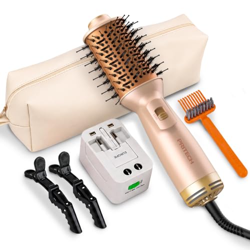 Image of PRITECH Auto Dual Voltage Hair Dryer Brush for Travel,Ionic Hair Styler | 110-240V Mini Hot Air Brush,Blow Dryer Brush in one,Volumizer Straightener Curler,Compact Lightweight Portable,Champagne Gold