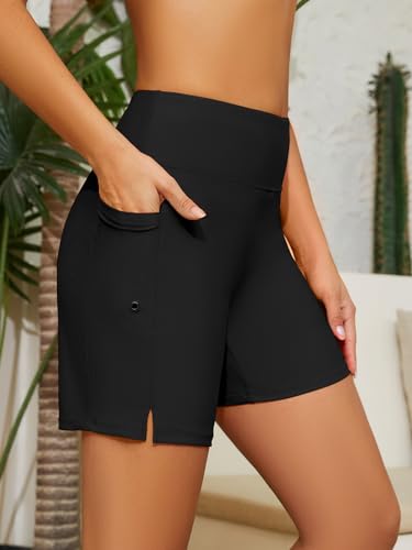 Women's High Waisted Swim Board Shorts with Pockets Quick Dry Beach Swimsuit Shorts for Women with Liner