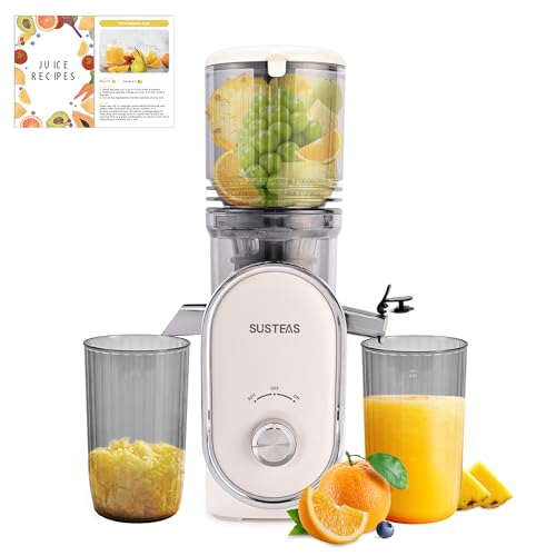 SUSTEAS Cold Press Juicer, 5.3' Feed Chute Slow Masticating Machines with 300W, Fit Whole Fruits & Vegetables, High Juice Yield, Easy to Clean, White