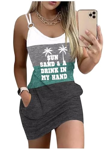 Image of Live Simple Coconut Tree Color Block Mini Dress for Women Summer Beach Vacation Tank Dresses Sleeveless Short Dress