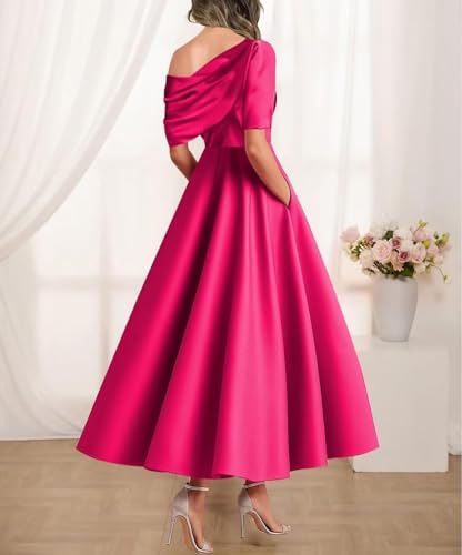 Tea Length Satin Mother of The Bride Dresses for Women Wedding One Shoulder Formal Evening Gown with Pocket3
