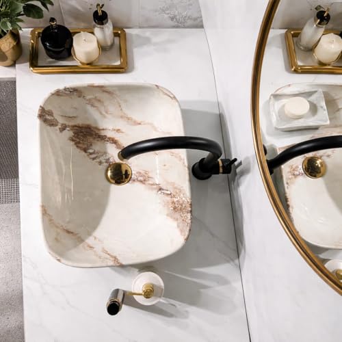 Image of Ceramic Tabletop Wash Basin - Glossy Rectangular Countertop Vessel Sink with Marble Finish for Bathroom & Vanity | Compact 18 x 13 x 5 Inch | Elegant Washbasin