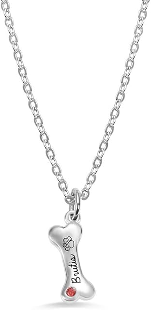 Dog Bone Necklace Personalised Engraved Pet Name & Birthstone for Women Girl - Sterling Silver Paw Print Charm Necklace Gift for Pet Lover