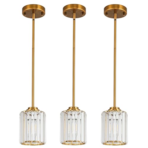 3 Pack Brushed Antique Brass Pendant Lights Kitchen Island, Adjustable Height Unique Thickened Crystal Mini Chandelier Ceiling Hanging Pendant Light Fixtures for Kitchen Hallway Dining Room Bedroom
