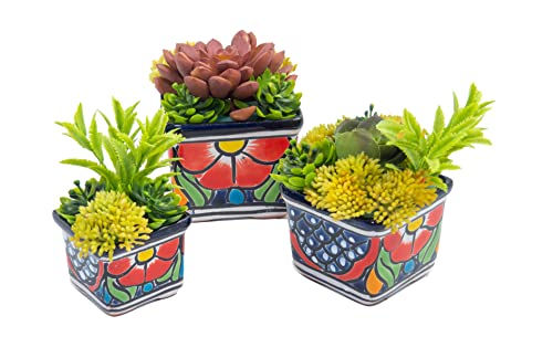 La Sol Imports Mexican Pottery Flower Pot Painted Succulent Mini Plant Pots, Talavera Pottery Planter Style Hand Painted Multicolor 3 Piece Set (Square Multicolor)