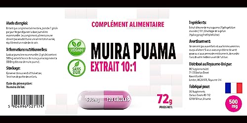 Muira Puama (Potenzholz) 5000mg Äquivalent (500mg von 10:1 Extrakt) 120 Vegane Kapseln, Laborgeprüft, Hochdosiert, Nicht GVO, keine Füllstoffe oder Zusatzstoff