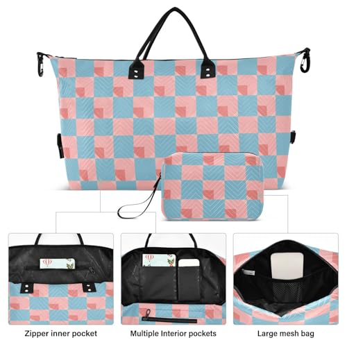 Light Blue and Blush Checkered Pattern Decorative Travel Weekender Gear Bag Gym Bag with Toiletry Bag for Workout Foldable bolsos para viajar2