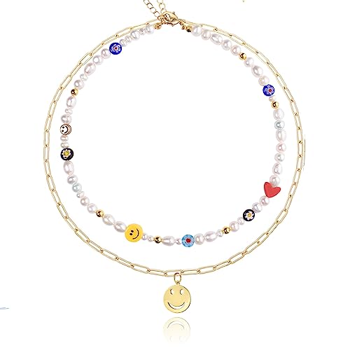 Miss Pink Beaded Pearl Layered Necklace Preppy 14K Gold Plated Necklace Choker Paperclip Trendy Y2K Bead Necklace For Women Teen Freshwater Pearl Necklace