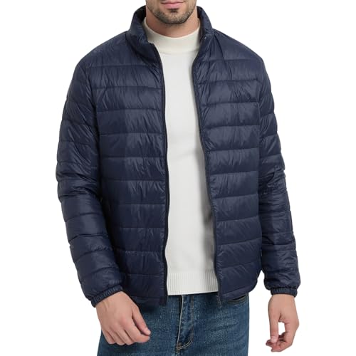 Comfitude Men's Quilted Lightwight Puffer Jacket, Down Jacket Coats with Pockets, Portable Winter Coat with Storage Bag (US, Alpha, Medium, Regular, Regular, Navy)