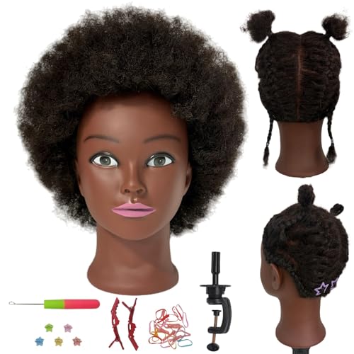 100% Human Hair Afro Curly Black Mannequin Head for Braiding Cosmetology Training Mannequin Head with Stand & Doll Head for Hair Styling Kids