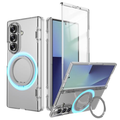 MuSylonz for Samsung Galaxy Z Fold 7 Case Built-in Front HD Glass Screen Protector with 360 Magnetic Stand Ring [Hinge Protection] Anti-Yellowing Crystal Clear Cover for Samsung Fold 7 (Clear)