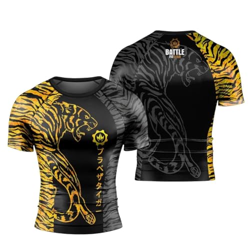 Tiger Men's Rash Guard Shirts Short Sleeve, Baselayer Compression Shirt for Jiu Jitsu MMA