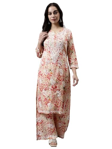 Image of Seva Chikan Hand Embroidered Lucknowi Chikankari Mal Mal Straight Printed Kurta & Palazzo Set for Women SCL8041