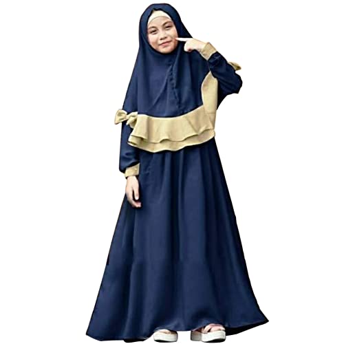 FYMNSI Muslim Clothes for Girls Kids Abaya Long Sleeve Dress with Cotton Full Cover Hijab Islamic Kaftan Prayer Dresses 2PCS2