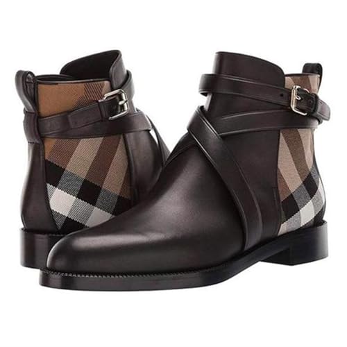 BMLDCWSE Loafers for Women Women’s Stylish Leather Ankle Boots with Buckle Design Plaid Pattern, Casual Low Heel Fashion Footwear(9.5) Brown