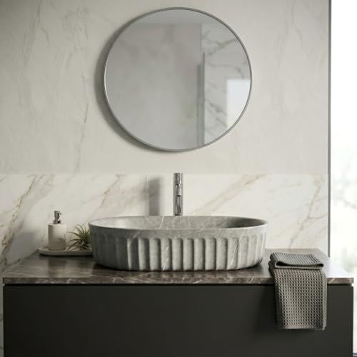 Image of BASSINO 22x14x6 Inches Ceramic Table Top Wash Basin /Designer Bathroom Sink /Matt Countertop Vessel Basin /Oblong-Oval Above Counter Basin /Wash Basin for Bathroom /Dining Hall(White and Grey Marble)