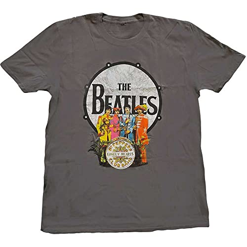 The Beatles T Shirt SGT Pepper Drum Logo Official Mens Charcoal Grey Size XL - Les Beatles, Paul McCartney, John Lennon, RIngo Starr, George Harrison The Beatles T Shirt SGT Pepper Drum Logo Official Mens Charcoal Grey Size XL