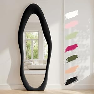Anpark Full Length Mirror 63″x24″ Irregular Full Body Wall Mounted Floor Mirror with Stand Black Flannel Wrapped Frame Leaning Hanging Wall Mirror for Bedroom Entrance