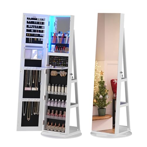 HNEBC LED Light Jewelry Organizer Mirror 360° Rotating, Jewelry Armoire with Door Mirror, Full Length Mirror Jewelry Cabinet, Mirror with Jewelry Storage, Large Jewelry Boxes & Organizers（B_