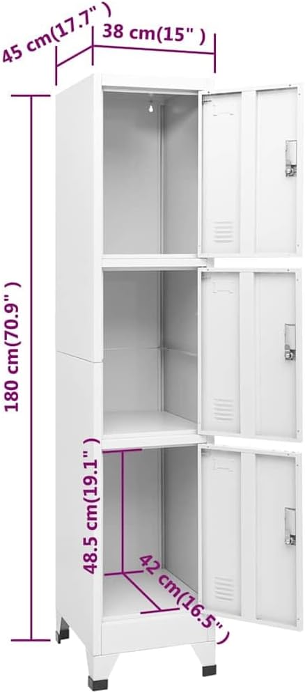Metal Locker,Industrial Metal Locker Cabinet 38x45x180 cm, 3 Lockable Doors for Secure Storage, 3 Compartments, Perfect for Gym, Office, Changing Room, Durable and Stylish Design