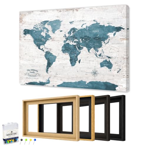 Image of IPIC Personalized Vintage Teal Framed World Map Pin Board, Size 42x28 in