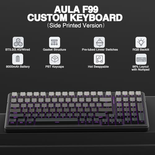 AULA F99 Wireless Mechanical Keyboard,Gasket Structure Hot Swappable Custom Keyboard,RGB Backlit,Creamy Sound,Side Print - Additional View