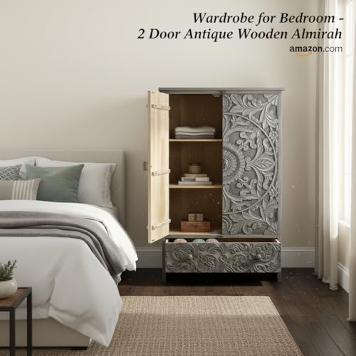 Image of APRODZ Wooden Wardrobe for Bedroom | Scolpito 2 Door Mango Wood Wardrobe with 1 Drawer | Space Saving Wardrobe for Storage, Clothes Cupboard & Wooden Almirah for Bedroom, Grey