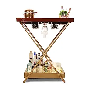 HAUS OF BARS Metal By Speedx - Model J - Multi-Functional, Portable And Foldable Bar Table In Matte Gold Finish With Chestnut Brown Top