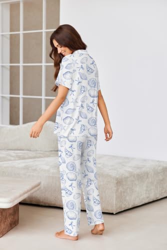 Image of Ekouaer Pajamas for Women Set Button Up Short Sleeve Pjs Sets With Pockets | Soft Womens Sleepwear,V Neck,Notch Collar,2 Piece Classic Loungewear With Long Pant for Sleep,Lounge,Fall