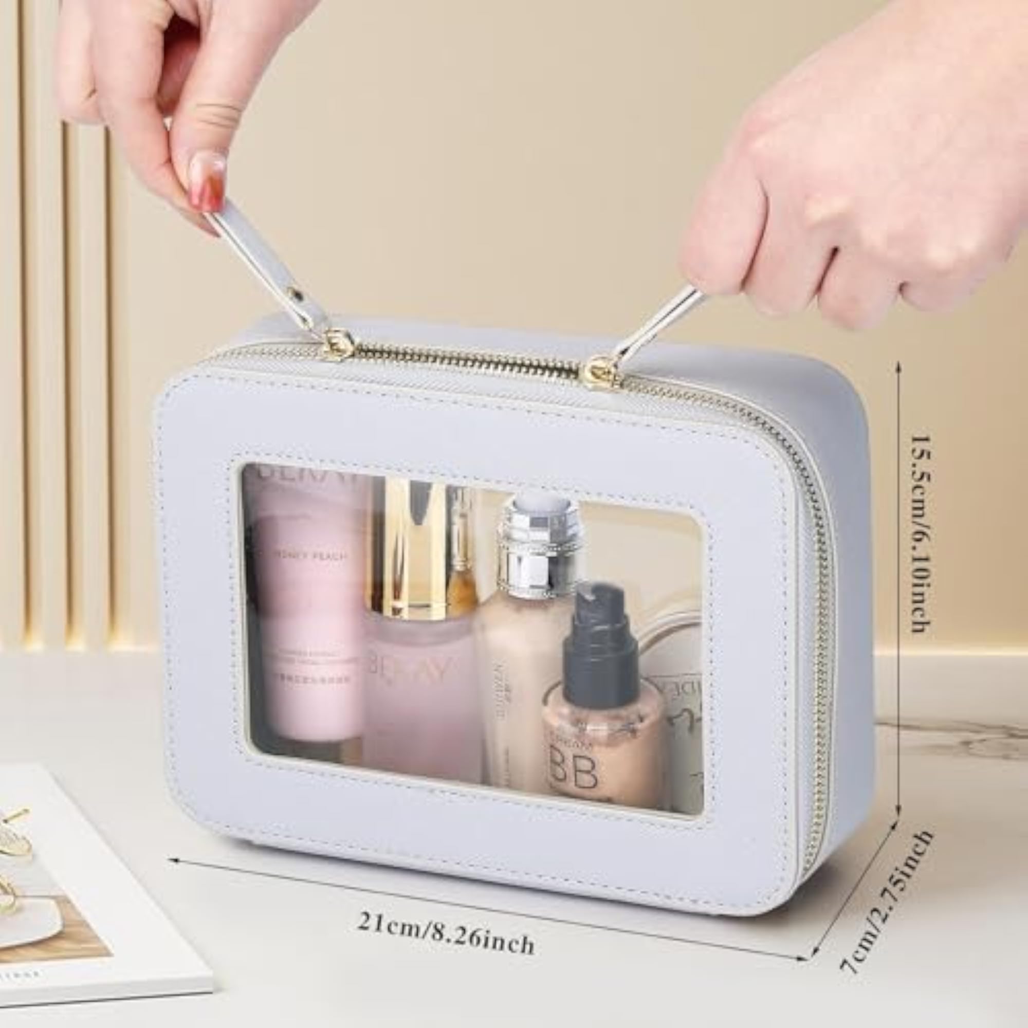 Travel Makeup Bag with Mirror, Double Compartment Cosmetic Case