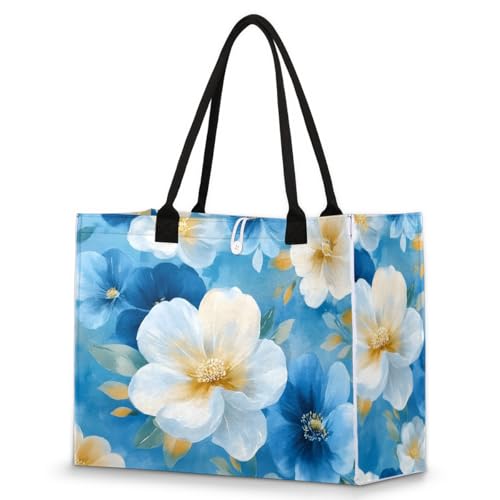 White Blue Flower Tote Bag for Women Large Beach Bag Reusable Tote Bags for Work Travel Beach Shopping