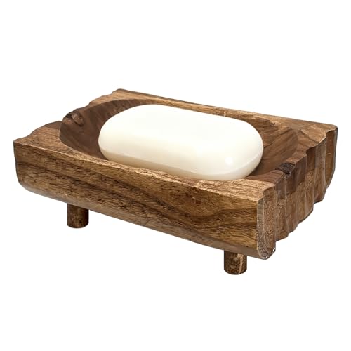 Natural Teak Wood Soap Holder, Automatic Draining Soap Tray with Drain Holes, Handmade Rustic Soap Dish & Countertop Soap Saver Stand for Bathroom and Kitchen