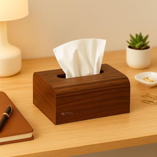 Image of Wooden Tissue Box| Rosewood Napkin Box| Tissue Holder Organizer for Table, Home, Office, Car| Rectangular Facial Paper Cloth Storage Case| Dispenser (Rosewood Edgy, 9X5 Inches)
