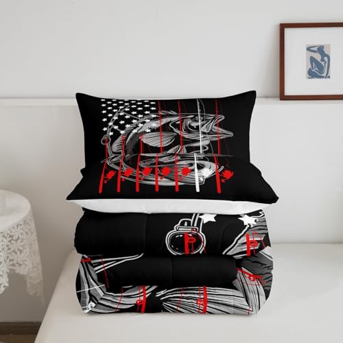 Image of Feelyou American Flag Big Pike Fish Comforter Set Bass Big Bedding Set Toddler Size for Kids Boys Girls Hunting Fishing Comforter Fish Hook Inner Fill Duvet Set 1 Comforter Set with 1 Pillowcase