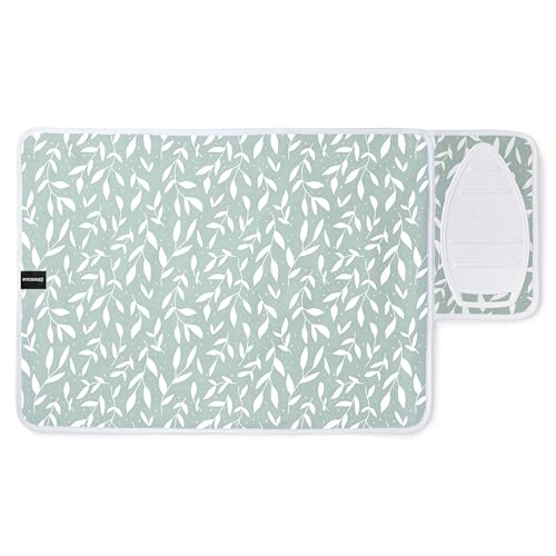 Encasa XO Ironing Mat/Pad (70x50 cm) with 3mm Padding & Silicone Iron Rest for Steam Pressing on Tabletop or Bed - Heat Resistant Portable Quilting & Travel Blanket - Green Leaflet