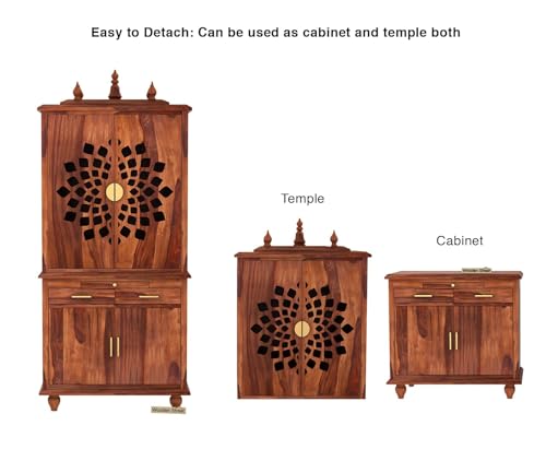 Image of Wooden Temple for Home | Big Pooja Mandir, Puja Ghar with 2 Drawer Storage, 4 Door Cabinet & Dhoop Batti Slider Stand | Solid Wood Sheesham Temple | Big puja mandir (G-Hony)
