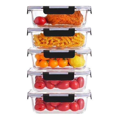 Glass Food Storage Containers with Airtight Lids, 5-Piece Set, Freezer Safe, Microwave Safe, Leak Proof