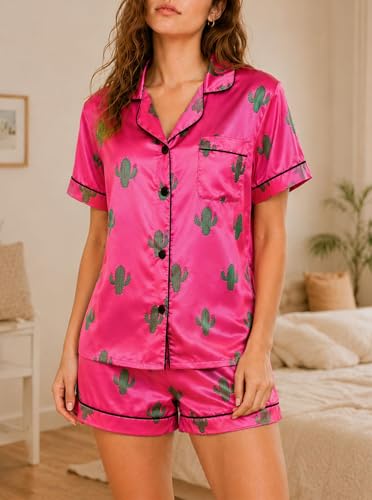 Image of Remidoo Women's Silk Satin Pajama Set Striped Button Up Pjs Short Sleeve Loungewear