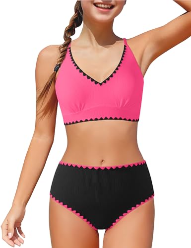 Image of Girls Swimsuit Contrast Trim Cross Back Swimwear Girls Bathing Suit with Padding 7-16Y