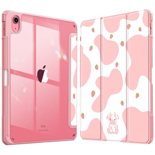 Fintie Hybrid Slim Case for iPad (A16) 11th Generation 11 Inch (2025), iPad 10th Generation 10.9 Inch (2022) - Shockproof Cover with Clear Transparent Back Shell & Pencil Holder, Strawberry Cow