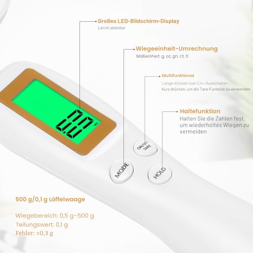 Foto von Elektronischer Messlöffel, digitale Löffelwaage 500 g/0,1 g, hohe Präzision mit LCD-Display für Küchengeräte und tägliche Mahlzeiten