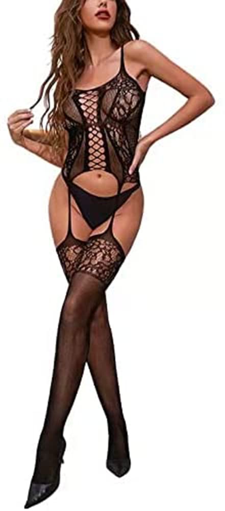 Bommi Fairy Women's Lace Mesh Lingerie Mini Dress Badydoll Fishnet Tights Suspenders Striped Hollow-Out Chemise Sleepwear Teddy (Black), One Size