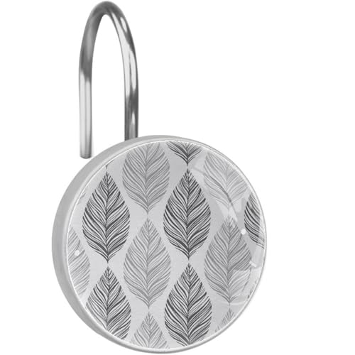 Gray Leaves Texture Geometric Pattern 12 Pack Shower Curtain Hooks Decorative Shower Curtain Hook and Ring Set ABS Resin Anti-Rust Bathroom Curtain Rings